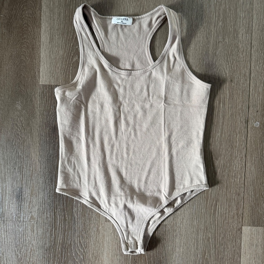 Zenana Bodysuit Women XL Tan Racerback Scoop Neck Cotton Stretch CT-4455BA